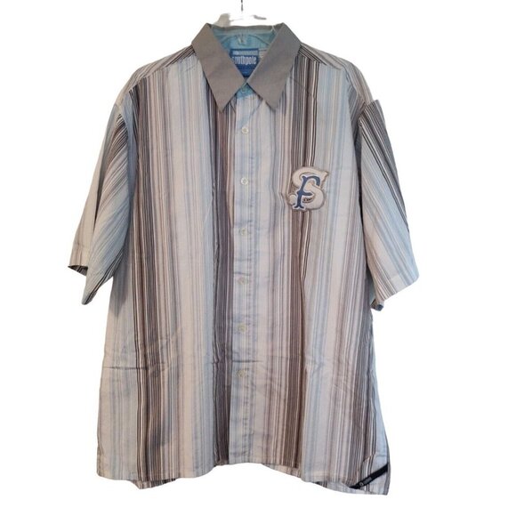 Southpole Button Up Casual Shirt Men Size L White Blue Gray Stripe Short Sleeve - Picture 2 of 8